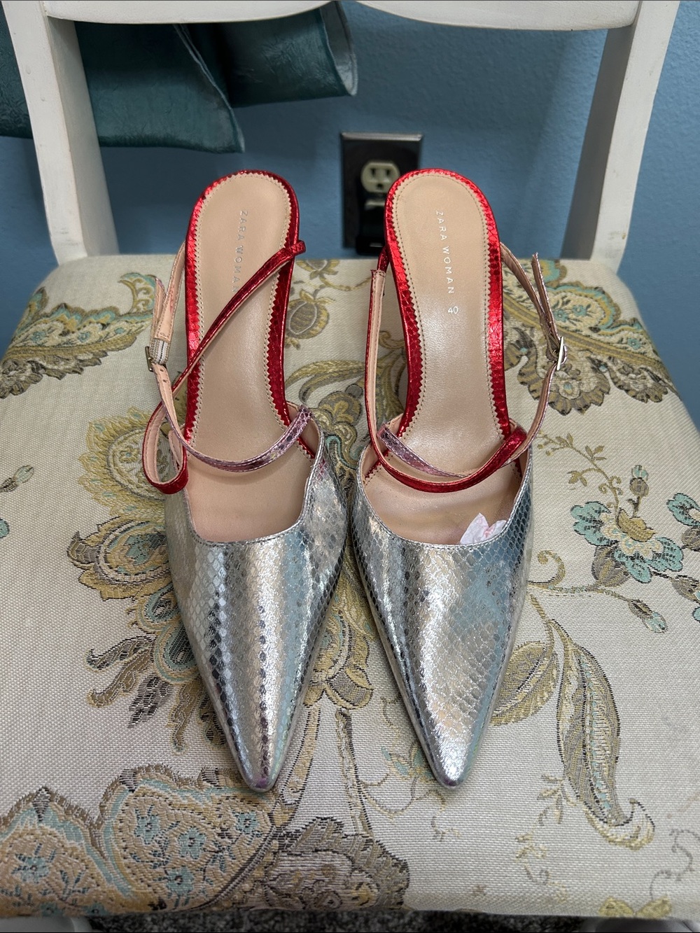 Zara Silver Pointed Slingback Heels with Red Trim